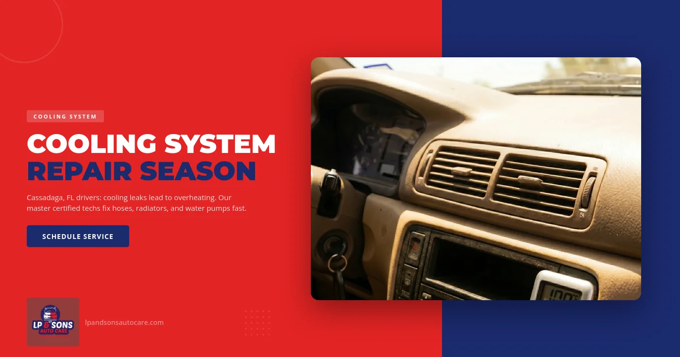 Master certified technician inspecting a vehicle's cooling system and radiator at LP & Sons Auto Care, serving Cassadaga, FL